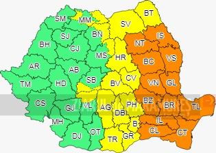Cod galben de ploi în jumătatea vestică a Munteniei, estul Transilvaniei, zona Carpaților Orientali și local în Carpații Meridionali