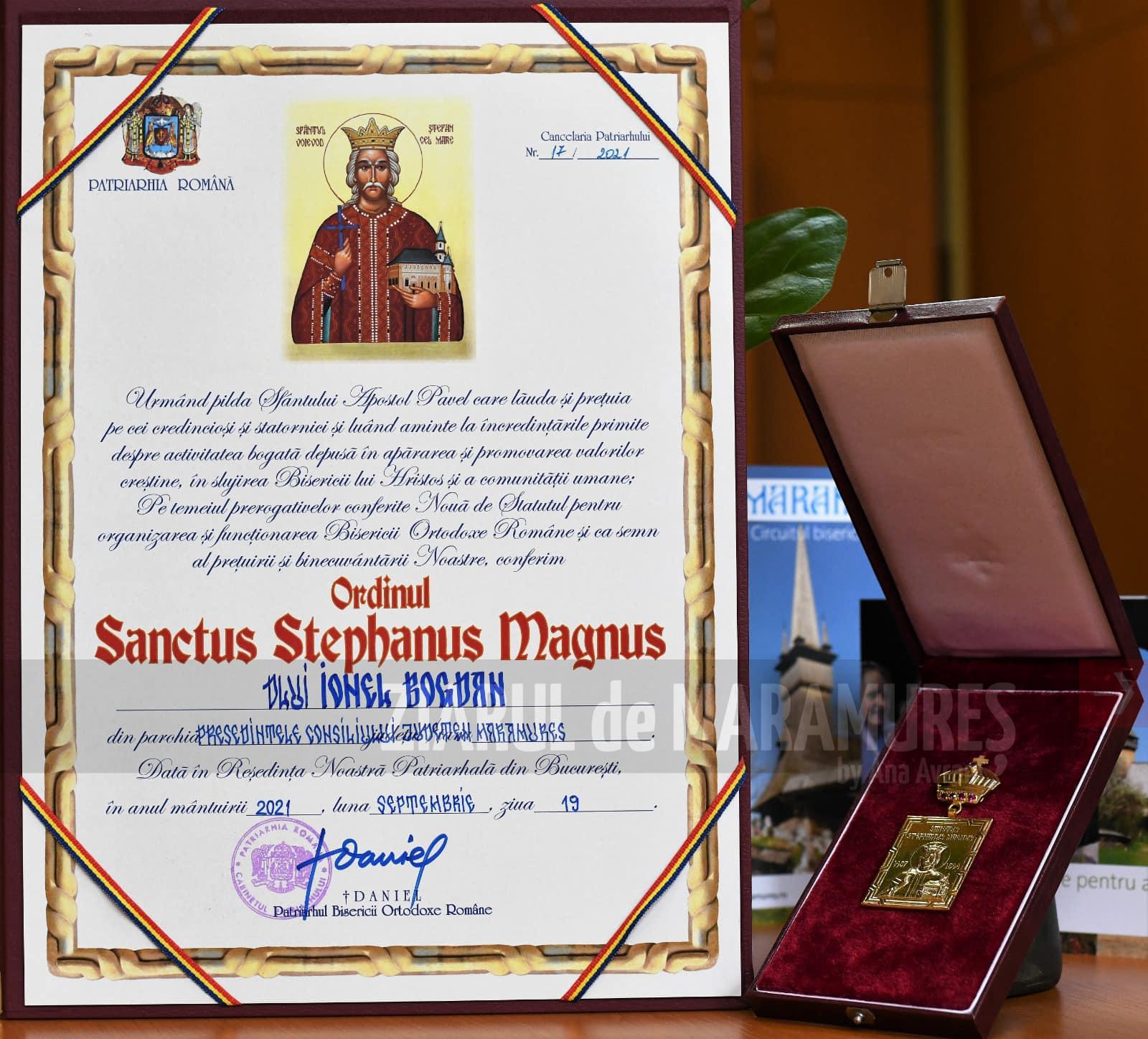 Ionel Bogdan, președintele CJ Maramureș, distins cu Ordinul “Sanctus Stephanus Magnus” de Patriarhul Daniel