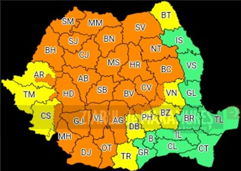 Cod PORTOCALIU de vijelii puternice și ploi abundente în Maramureș, Transilvania, Oltenia și nord-vestul Munteniei