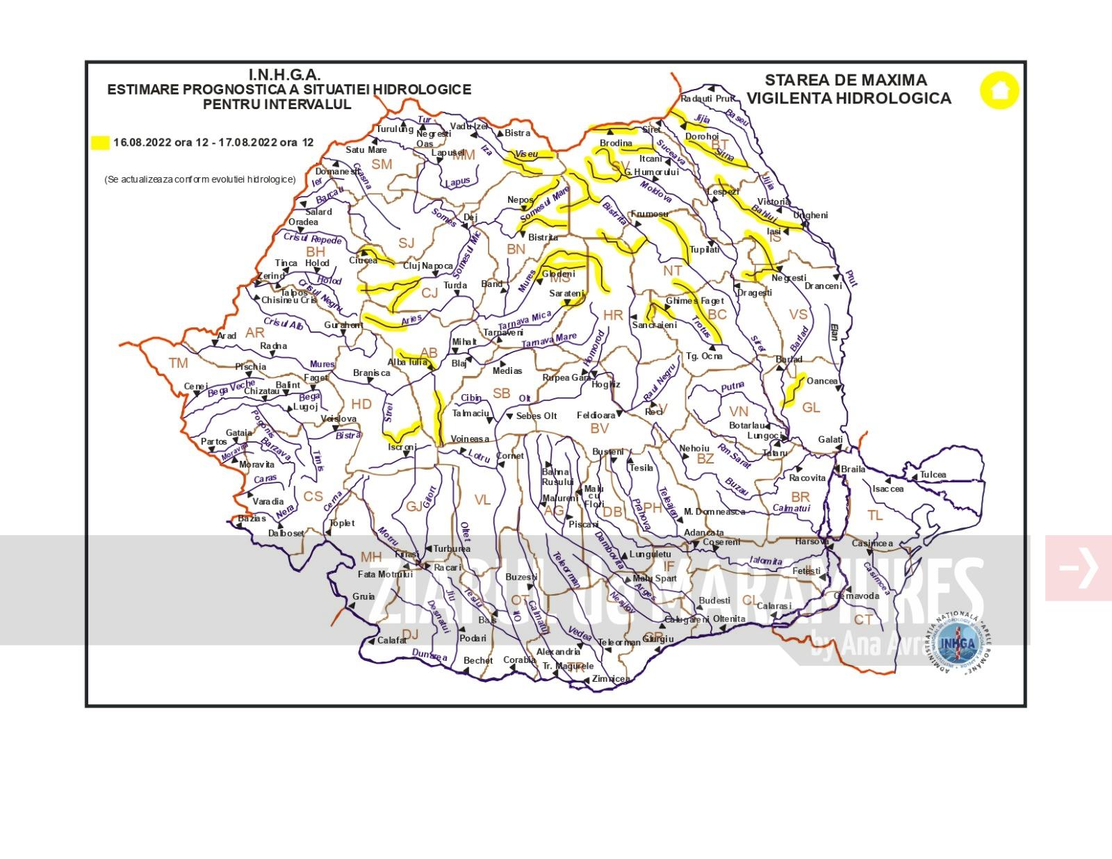 Cod GALBEN hidrologic pentru județele Maramureş, Bistriţa Năsăud, Harghita, Suceava şi Neamţ
