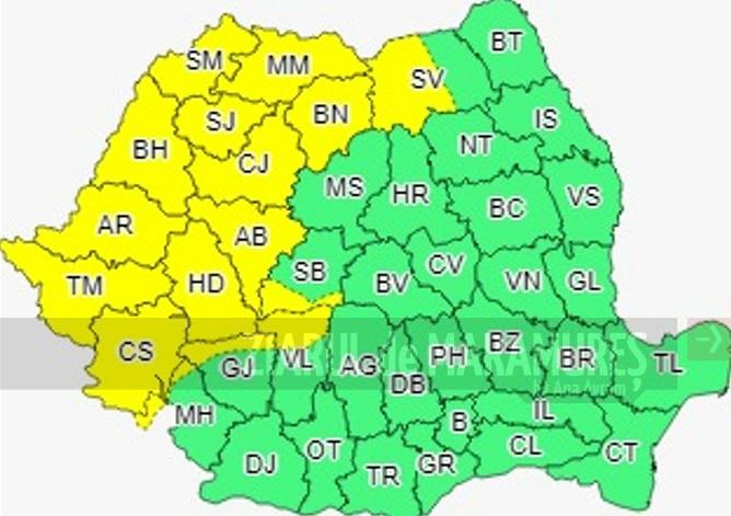 COD GALBEN de instabilitatea atmosferică accentuată în Maramureș, Banat și Crișana