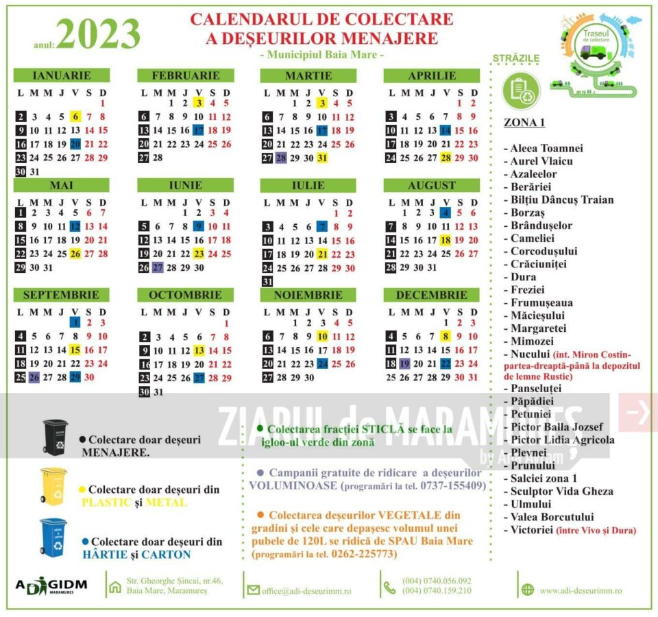 ADI Deșeuri MM: Noile calendare de colectare pentru zona de case a Municipiului Baia Mare pentru 2023