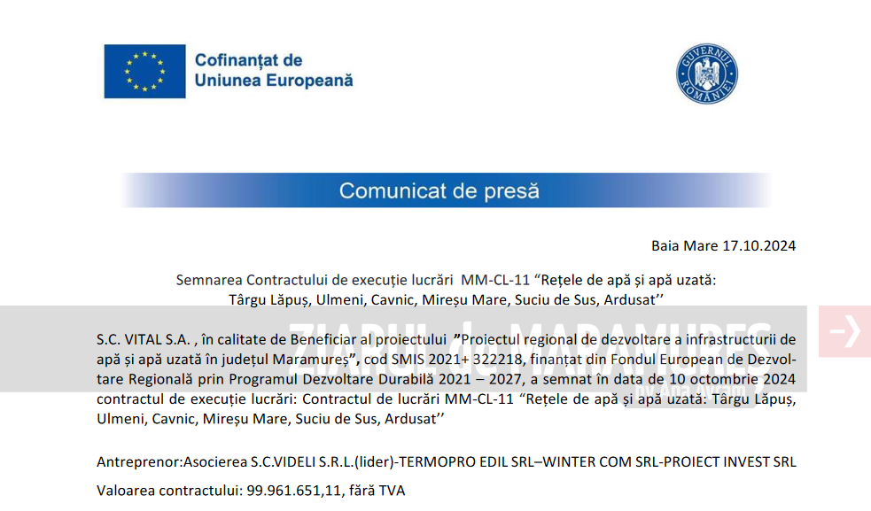 Baia Mare 17.10.2024. Semnarea Contractului de execuție lucrări MM-CL-11 “Rețele de apă și apă uzată: Târgu Lăpuș, Ulmeni, Cavnic, Mireșu Mare, Suciu de Sus, Ardusat’’