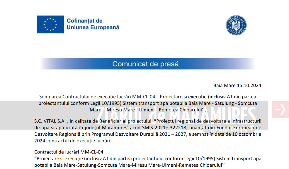 Semnarea Contractului de execuție lucrări MM-CL-04 “ Proiectare si execuție (inclusiv AT din partea proiectantului conform Legii 10/1995) Sistem transport apa potabila Baia Mare – Satulung – Șomcuta Mare – Mireșu Mare – Ulmeni – Remetea Chioarului’’