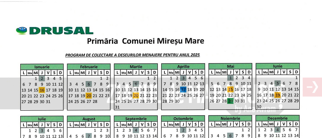 Miresu Mare. Programul de colectare selectivă pentru anul 2025. Vezi aici, calendarul de ridicare a deșeurilor