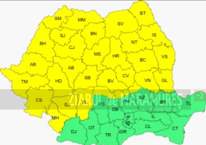 Cod GALBEN de vijelii și averse torențiale pentru Maramureș, Crișana, Banat, Moldova și V-N Oltenia