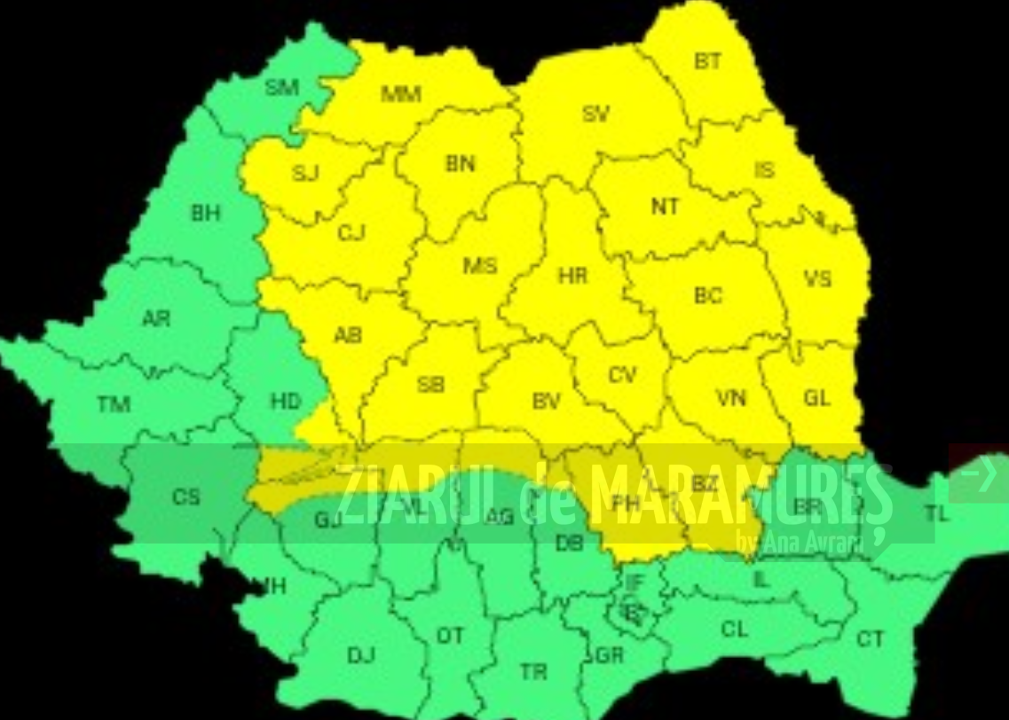 COD GALBEN de instabilitate atmosferică temporar accentuată în Maramureș, nordul Munteniei, Transilvania și Moldova