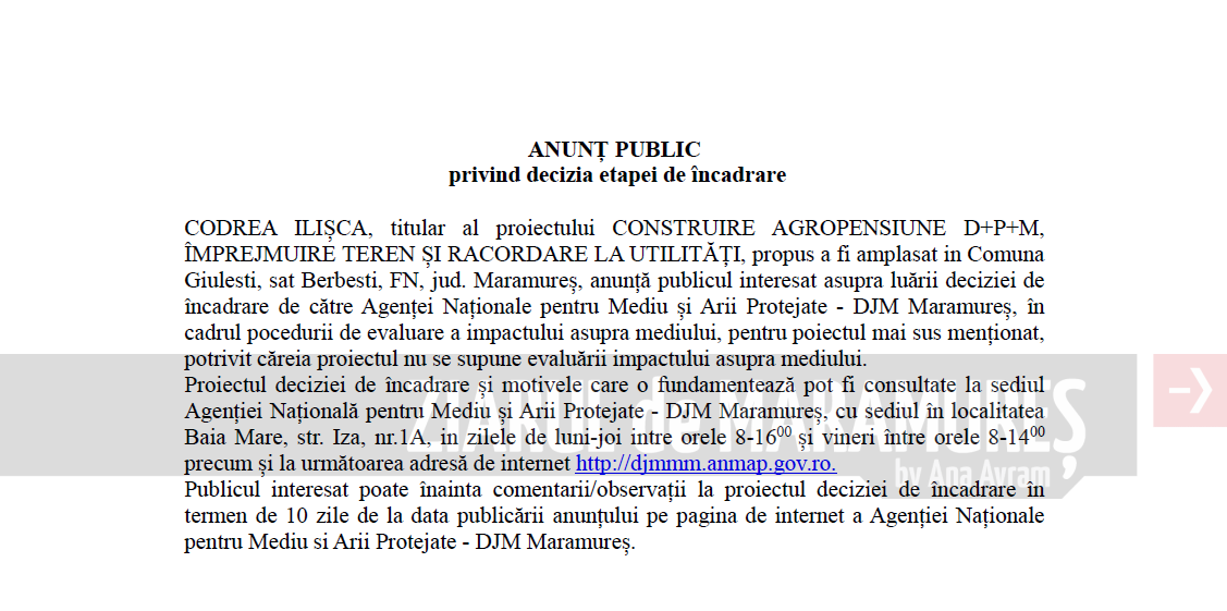 ANUNȚ PUBLIC privind decizia etapei de încadrare pentru construire agropensiune în Comuna Giulesti, sat Berbesti