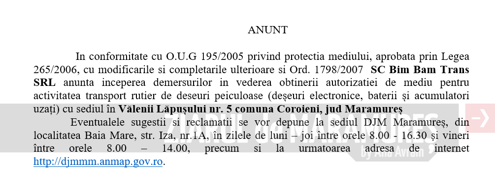 ANUNȚ PUBLIC. SC Bim Bam Trans SRL anunta inceperea demersurilor in vederea obtinerii autorizatiei de mediu