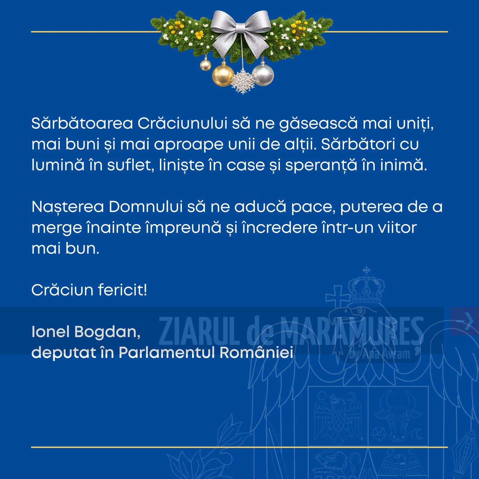 Deputat Ionel Bogdan: Sărbători cu lumină în suflet, liniște în case și speranță în inimă. Crăciun fericit!