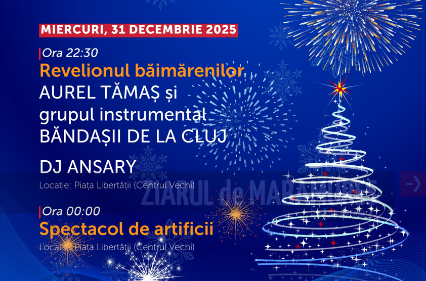 REVELIONUL BĂIMĂRENILOR, miercuri, 31 decembrie, în Piața Libertății: foc de artificii, Aurel Tămaș și Băndașii de la Cluj, DJ Ansary