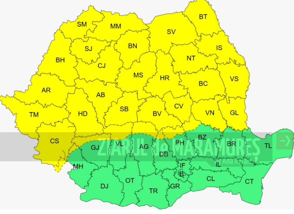 COD GALBEN de ninsori, polei și vânt în Maramures, Banat, Crisana, N-V Transilvaniei, M-ții Banatului