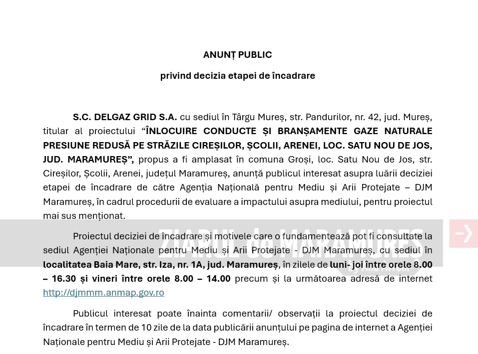 ANUNȚ PUBLIC privind decizia etapei de încadrare de către Agenția Națională pentru Mediu și Arii Protejate – DJM Maramureș, în cadrul procedurii de evaluare a impactului asupra mediului