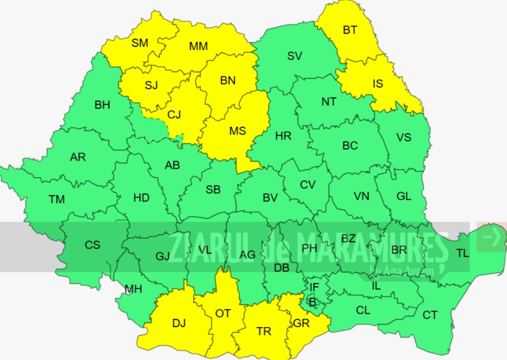 COD GALBEN. Temperaturi deosebit de ridicate și disconfort termic accentuat Maramureș, N și centrul Transilvaniei