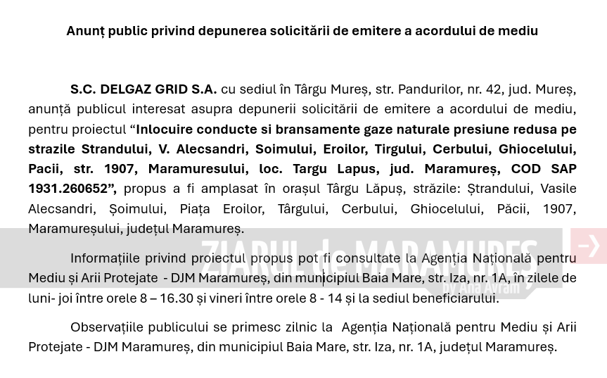 Anunț public privind depunerea solicitării de emitere a acordului de mediu